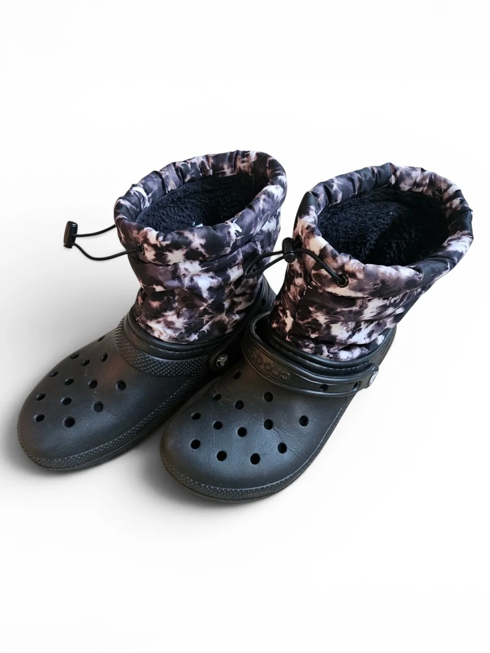 CROCS Size 7 Men's 9 Women's Black Clog Winter Boots Camo Leg Cuff